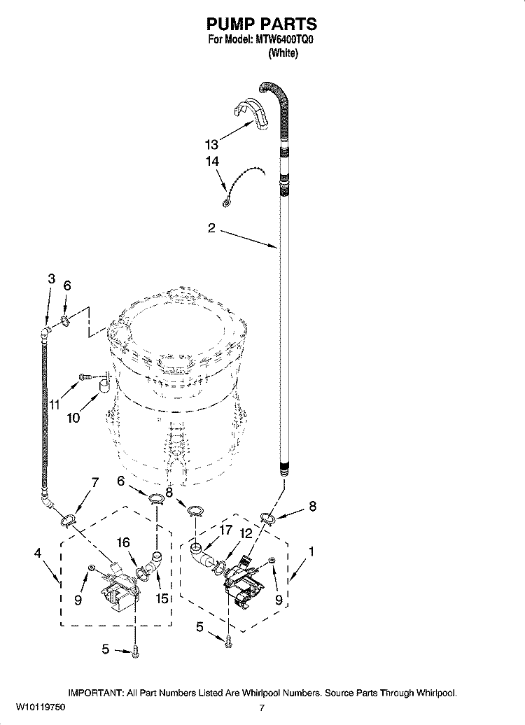 PUMP PARTS, OPTIONAL PARTS (NOT INCLUDED) Diagram and Parts List for MTW6400TQ0  Whirlpool Washer