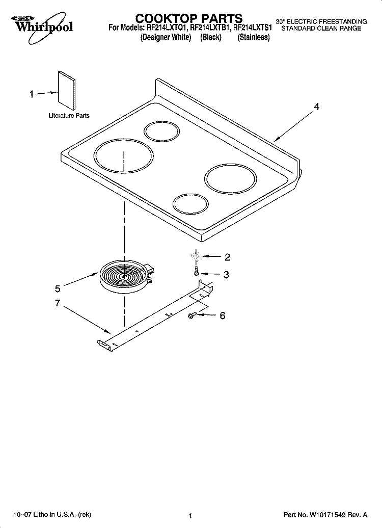 COOKTOP PARTS Diagram and Parts List for RF214LXTS1  Whirlpool Range