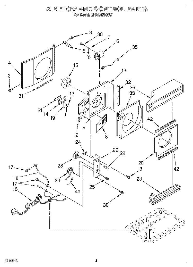 AIR FLOW AND CONTROL Diagram and Parts List for BHAC0500BS1  Whirlpool Air Conditioner