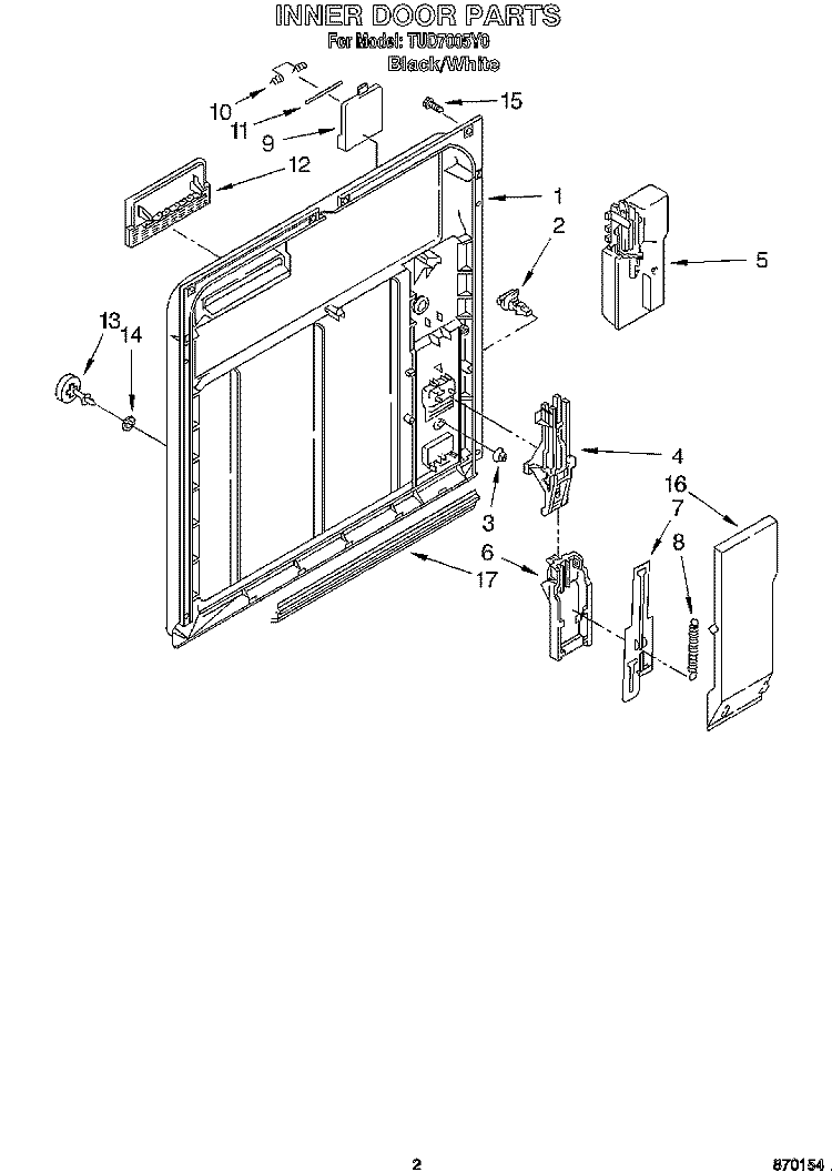 INNER DOOR Diagram and Parts List for TUD7005Y0  Whirlpool Dishwasher