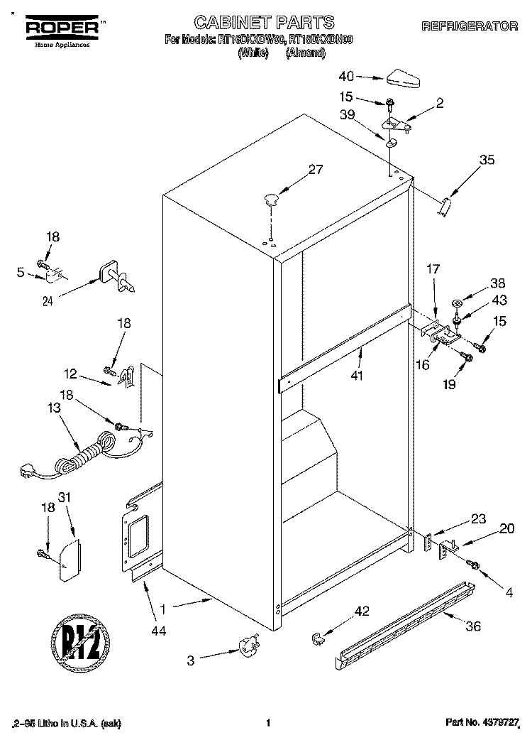 CABINET Diagram and Parts List for RT16DKXDW00  Roper Refrigerator