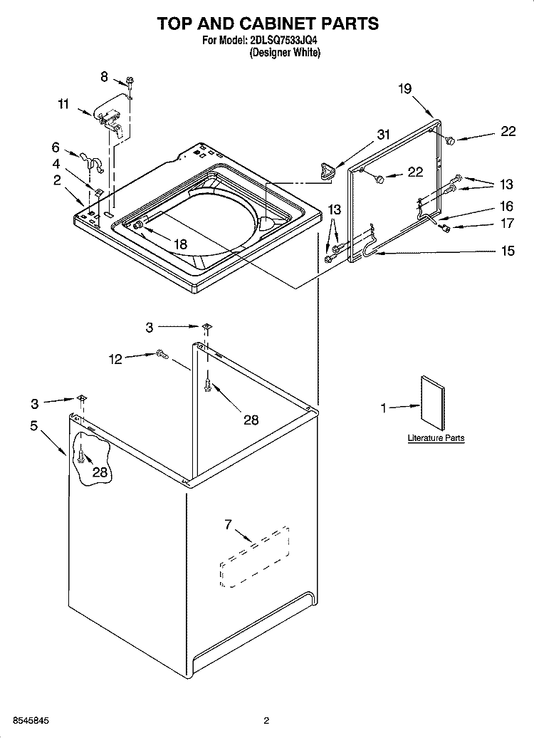TOP AND CABINET PARTS Diagram and Parts List for 2DLSQ7533JQ4  Whirlpool Washer