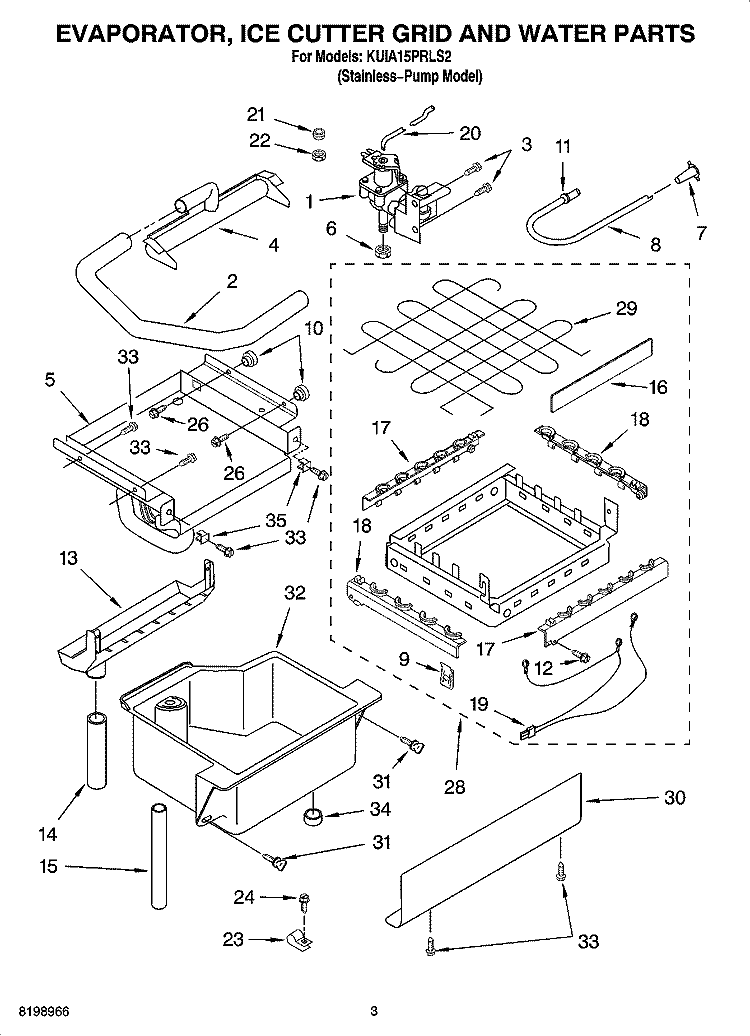 EVAPORATOR ICE CUTTER GRID AND WATER PARTS \fs22 , Diagram and Parts List for KUIA15PRLS2  KitchenAid Ice Maker
