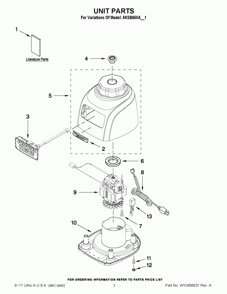 UNIT PARTS Diagram and Parts List for 5KSB650ACA1  KitchenAid Blender