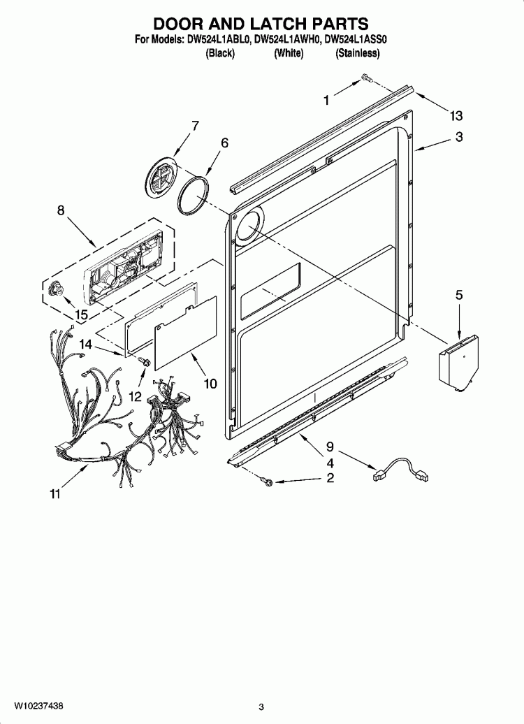 DOOR AND LATCH PARTS Diagram and Parts List for DW524L1ABL0  Whirlpool Dishwasher