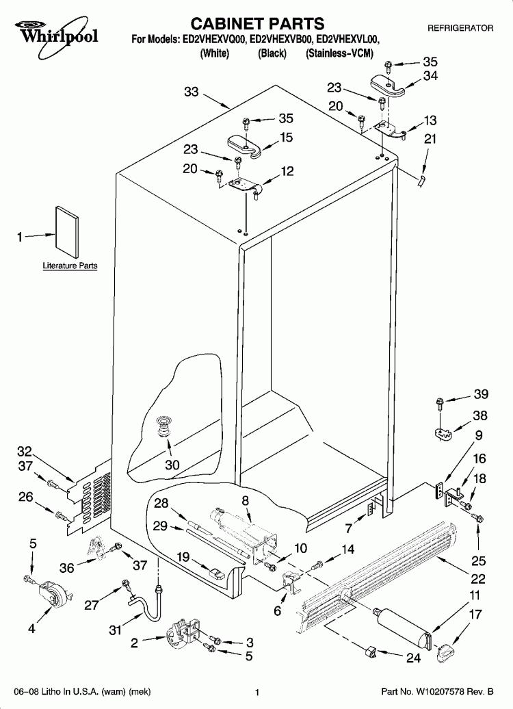 CABINET PARTS Diagram and Parts List for ED2VHEXVB00  Whirlpool Refrigerator