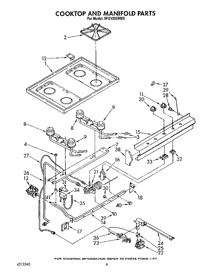 COOKTOP AND MANIFOLD, LIT/OPTIONAL Diagram and Parts List for SF0100ERW5  Whirlpool Range