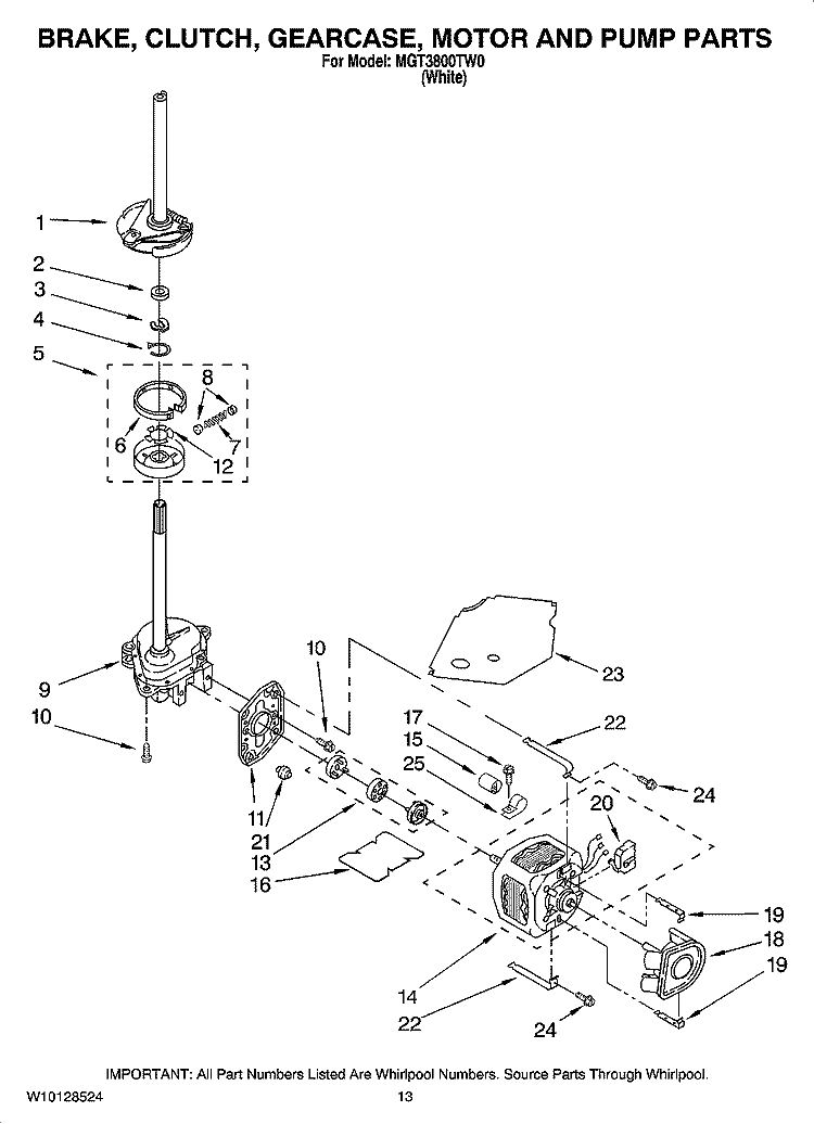 BRAKE, CLUTCH, GEARCASE, MOTOR AND PUMP PARTS Diagram and Parts List for MGT3800TW0  Maytag Washer Dryer Combo