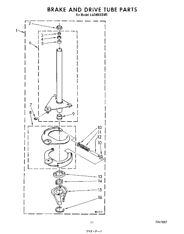 BRAKE AND DRIVE TUBE Diagram and Parts List for LA3400XSW0  Whirlpool Washer