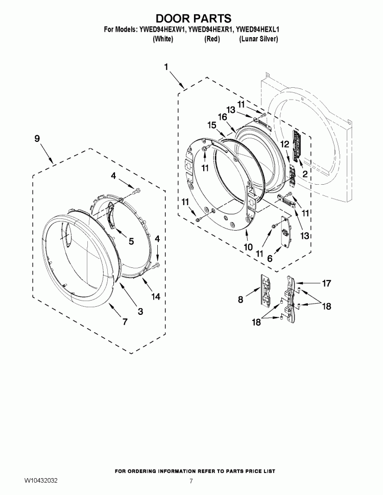 DOOR PARTS Diagram and Parts List for YWED94HEXL1  Whirlpool Dryer