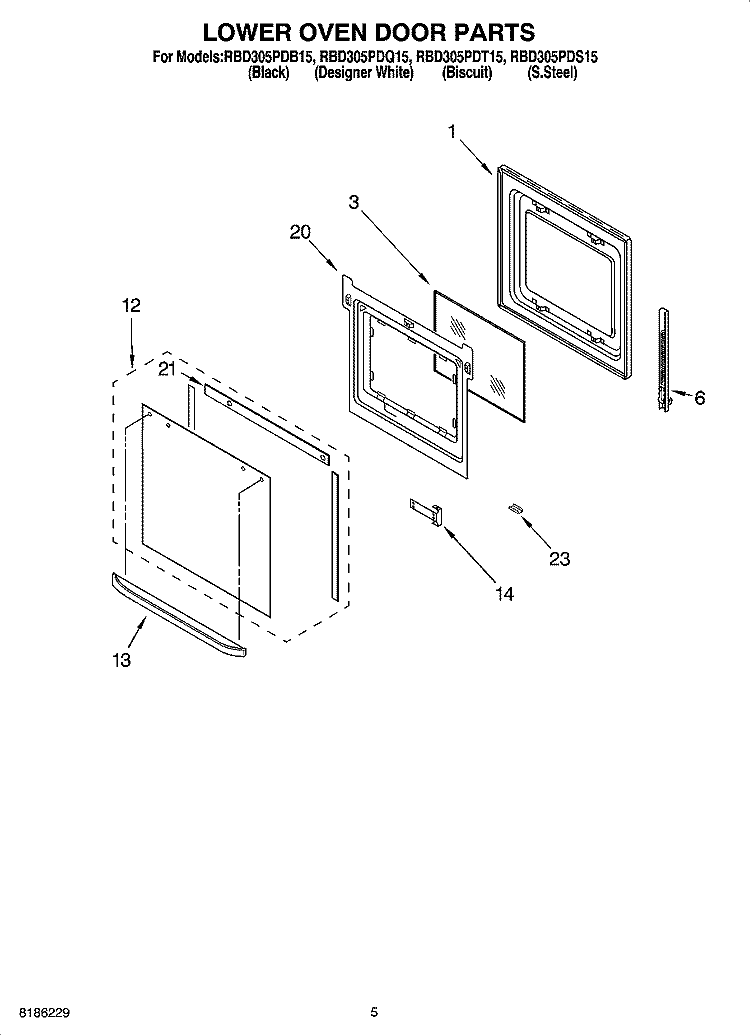 LOWER OVEN DOOR PARTS Diagram and Parts List for RBD305PDS15  Whirlpool Wall Oven