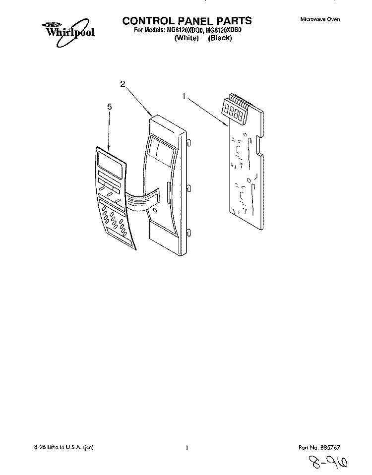 CONTROL PANEL Diagram and Parts List for MG8120XDQ0  Whirlpool Microwave