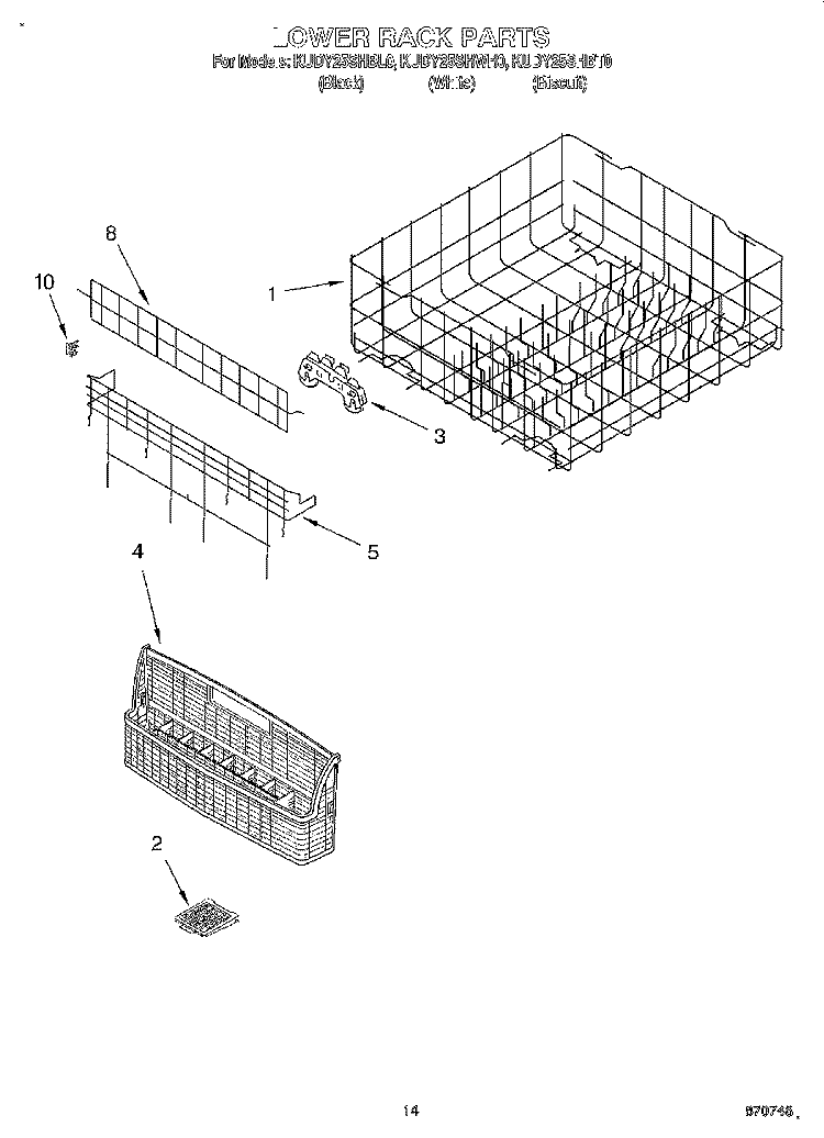 LOWER RACK Diagram and Parts List for KUDY25SHWH0  KitchenAid Dishwasher