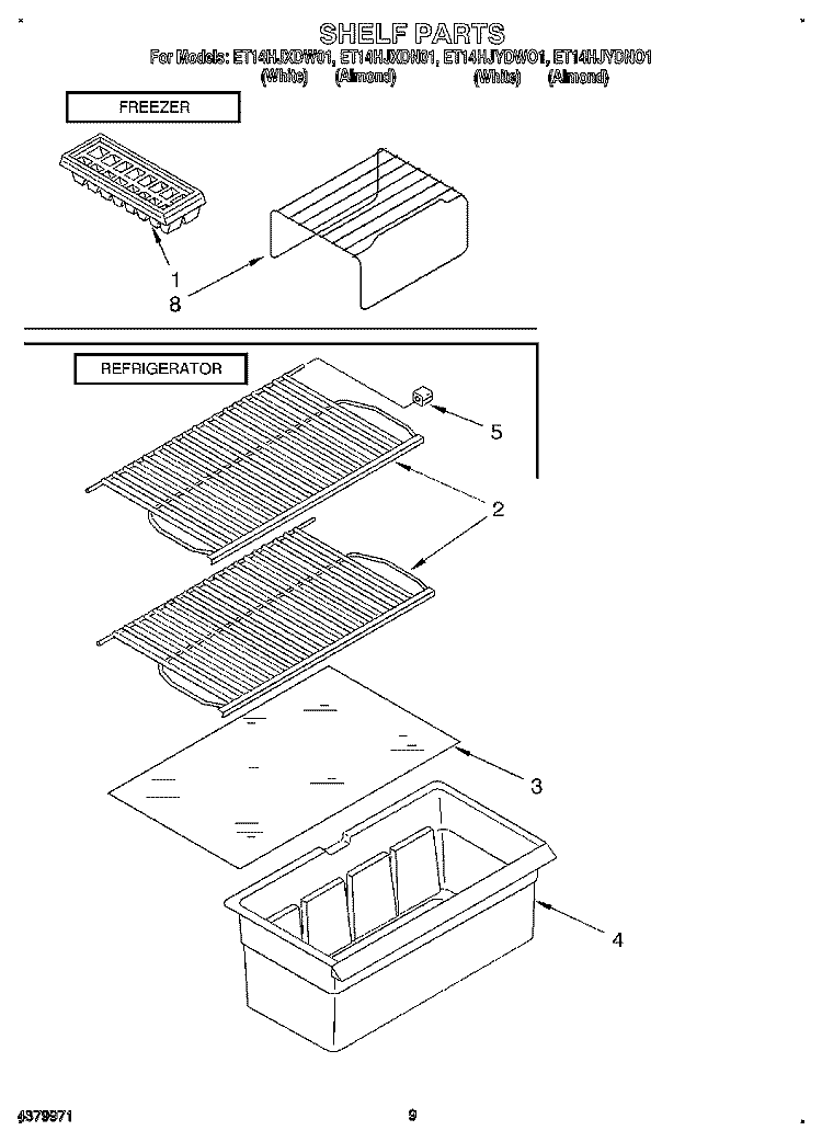 SHELF Diagram and Parts List for ET14HJXDW01  Whirlpool Refrigerator