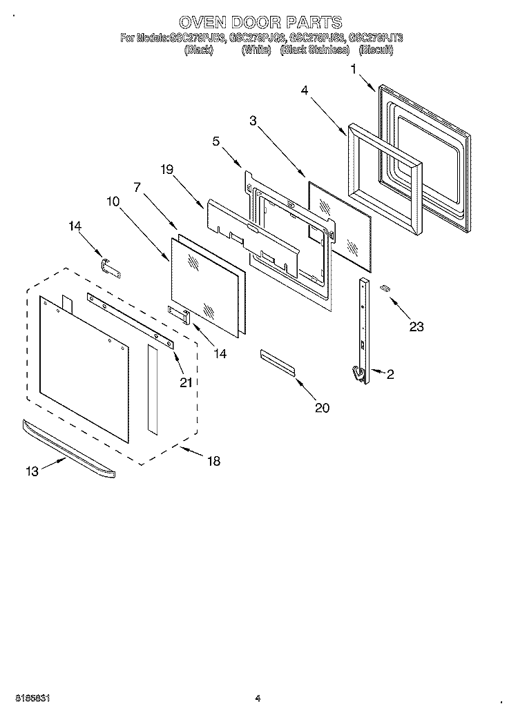 OVEN DOOR Diagram and Parts List for GSC278PJB3  Whirlpool Microwave Oven Combo