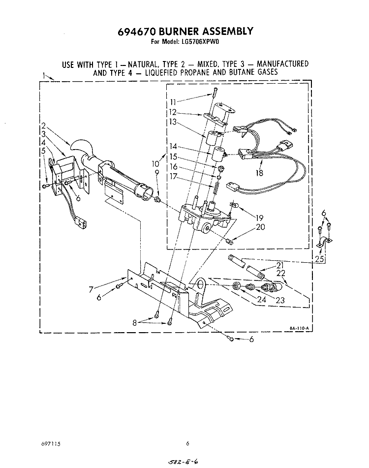 694670 BURNER Diagram and Parts List for LG5706XPW0  Whirlpool Dryer