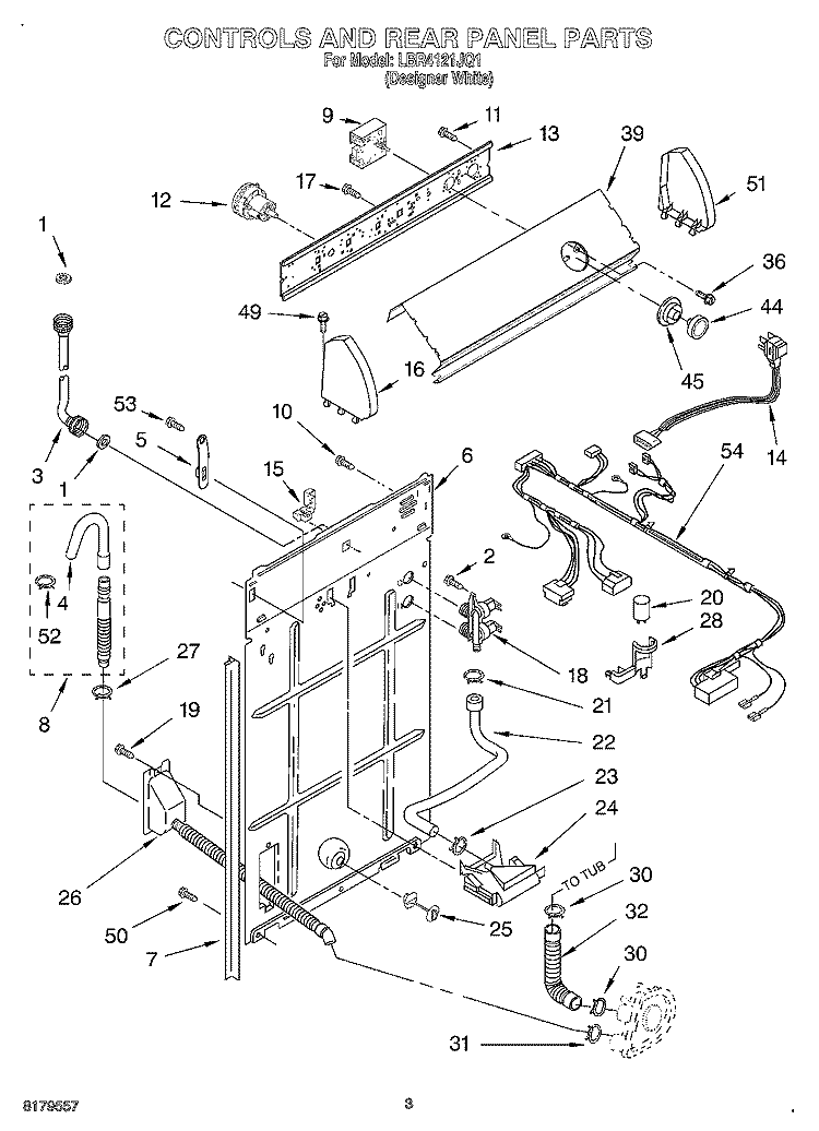 CONTROLS AND REAR PANEL Diagram and Parts List for LBR4121JQ1  Whirlpool Washer