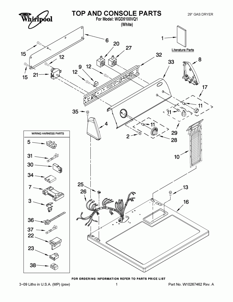 TOP AND CONSOLE PARTS Diagram and Parts List for WGD5100VQ1  Whirlpool Dryer