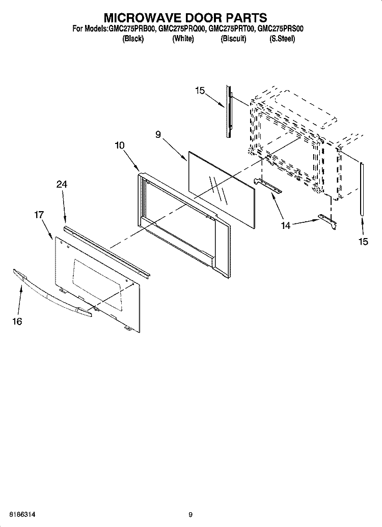 MICROWAVE DOOR PARTS Diagram and Parts List for GMC275PRB00  Whirlpool Microwave Oven Combo