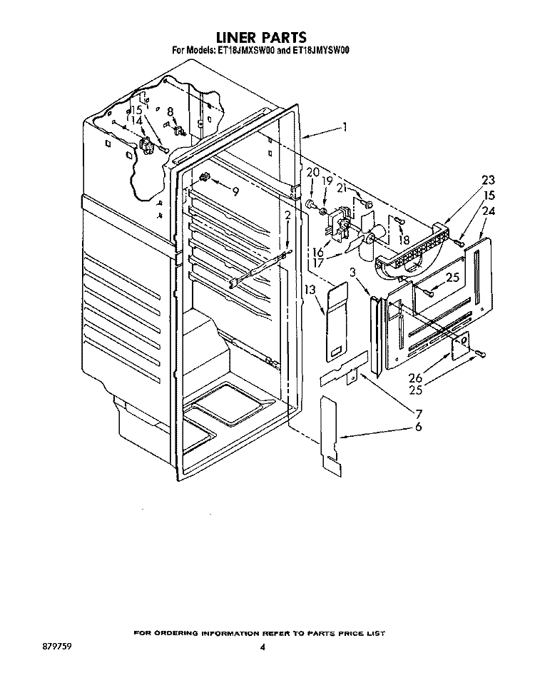 LINER Diagram and Parts List for ET18JMYSM00  Whirlpool Refrigerator