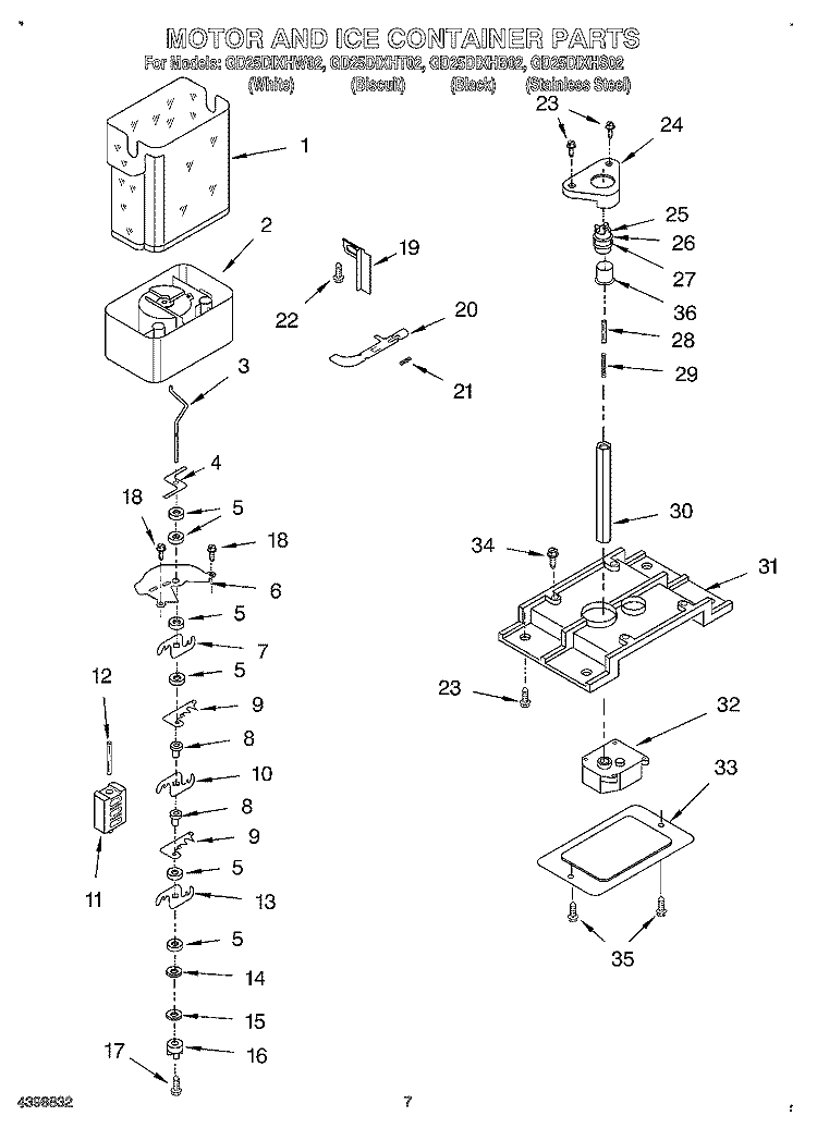 MOTOR AND ICE CONTAINER Diagram and Parts List for GD25DIXHB02  Whirlpool Refrigerator