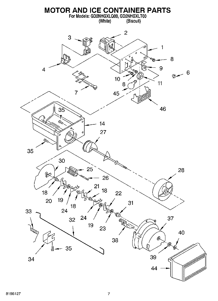 MOTOR AND ICE CONTAINER Diagram and Parts List for GD2NHGXLQ00  Whirlpool Refrigerator