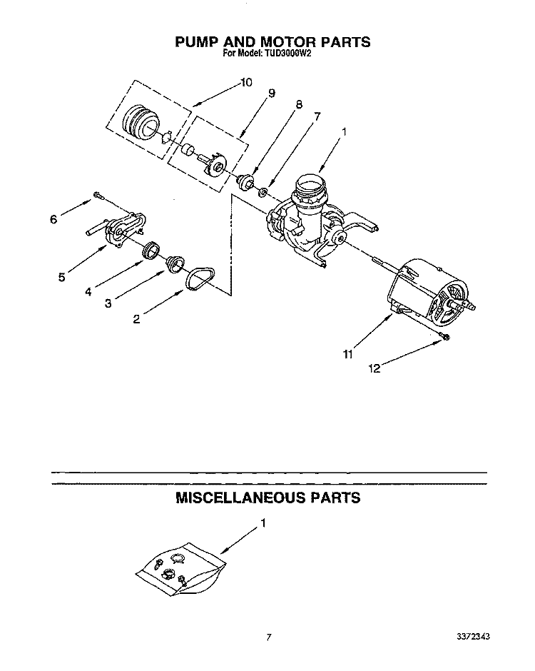 PUMP AND MOTOR, MISCELLANEOUS Diagram and Parts List for TUD3000W2  Whirlpool Dishwasher