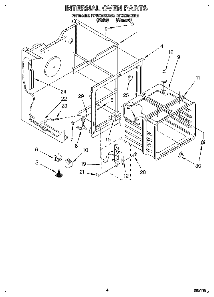 INTERNAL OVEN Diagram and Parts List for RF3020XDN0  Whirlpool Range