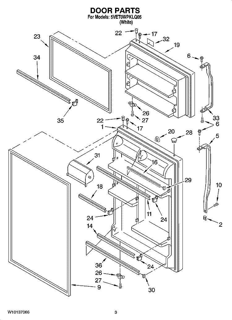 DOOR PARTS Diagram and Parts List for 5VET0WPKLQ05  Whirlpool Refrigerator