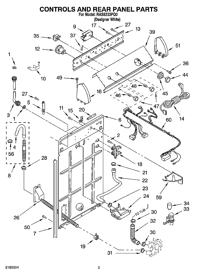 CONTROLS AND REAR PANEL PARTS Diagram and Parts List for RAS8333PQ0  Roper Washer