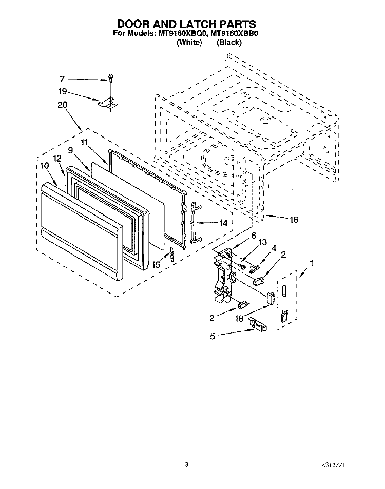DOOR AND LATCH Diagram and Parts List for MT9160XBB0  Whirlpool Microwave
