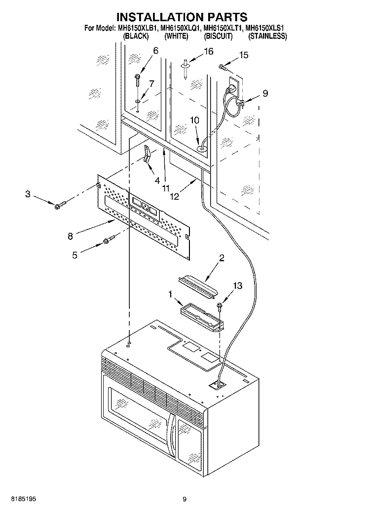 INSTALLATION PARTS Diagram and Parts List for MH6150XLB1  Whirlpool Microwave