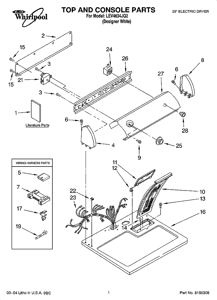 TOP AND CONSOLE PARTS Diagram and Parts List for LEV4634JQ2  Whirlpool Dryer