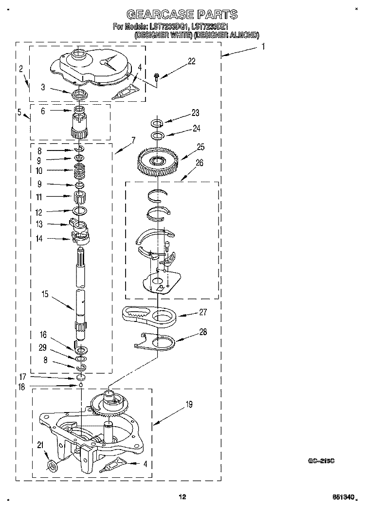 GEARCASE Diagram and Parts List for LST7233DQ1  Whirlpool Washer