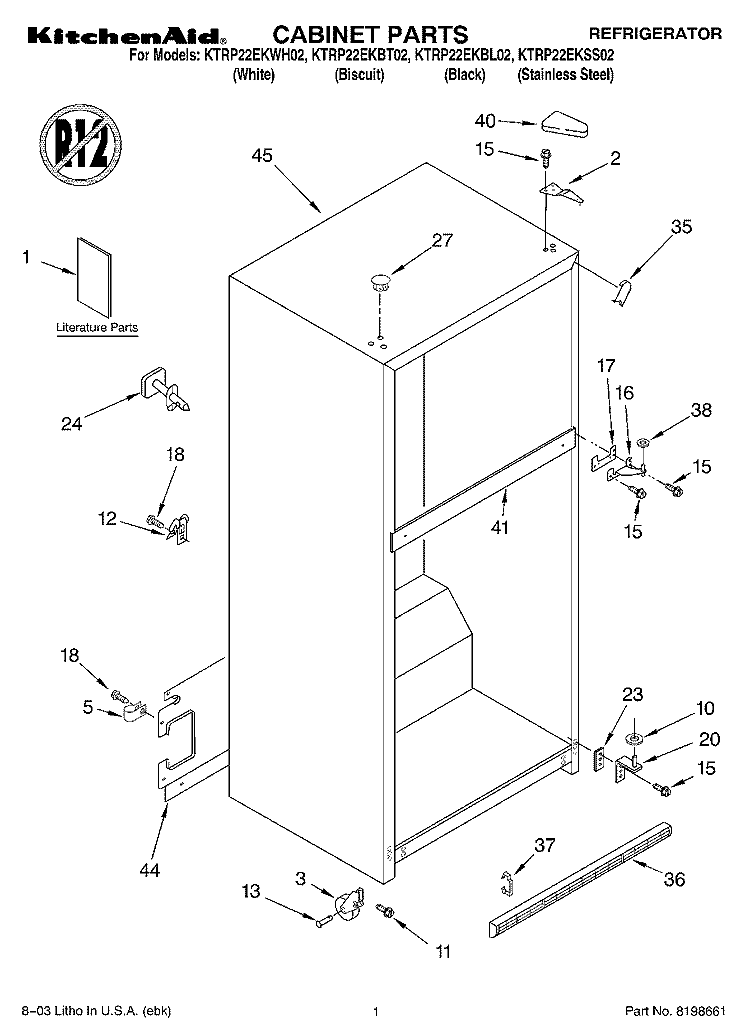CABINET PARTS Diagram and Parts List for KTRP22EKBT02  KitchenAid Refrigerator