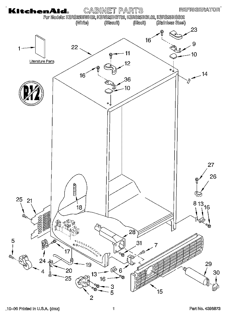 CABINET, LITERATURE Diagram and Parts List for KSRS25IHBT02  KitchenAid Refrigerator