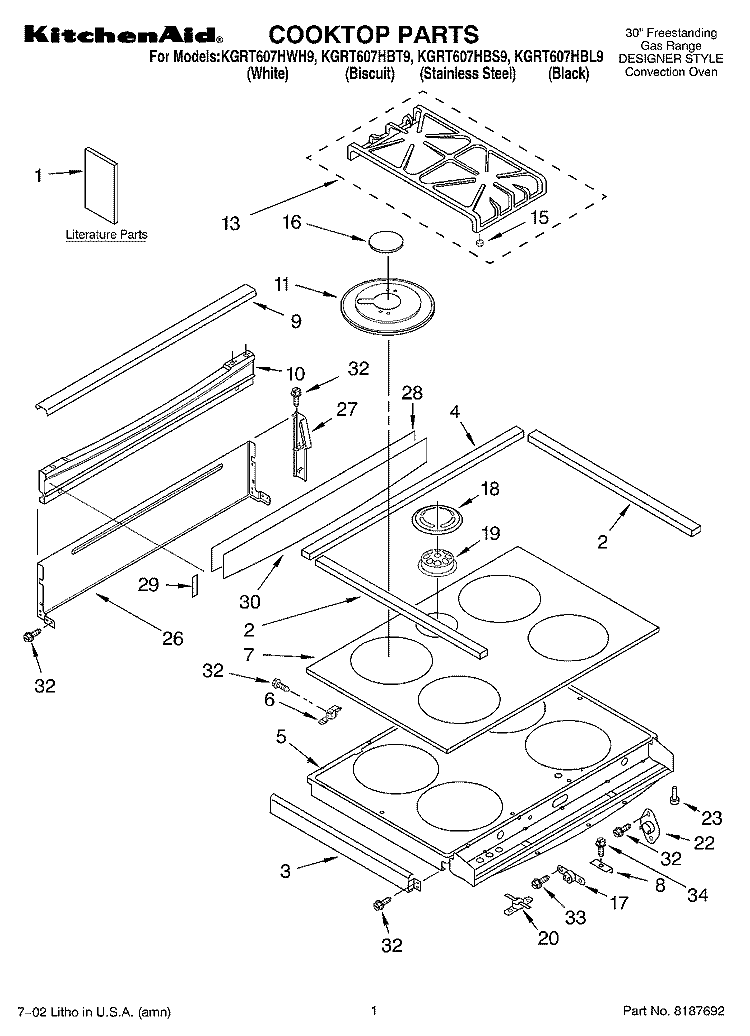 COOKTOP, LITERATURE Diagram and Parts List for KGRT607HBL9  KitchenAid Range