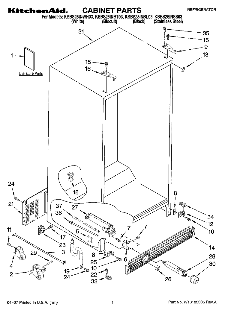 CABINET PARTS Diagram and Parts List for KSBS25INBL03  KitchenAid Refrigerator