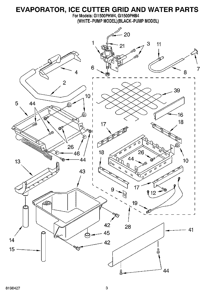 EVAPORATOR ICE CUTTER GRID AND WATER PARTS Diagram and Parts List for GI1500PHB4  Whirlpool Ice Maker