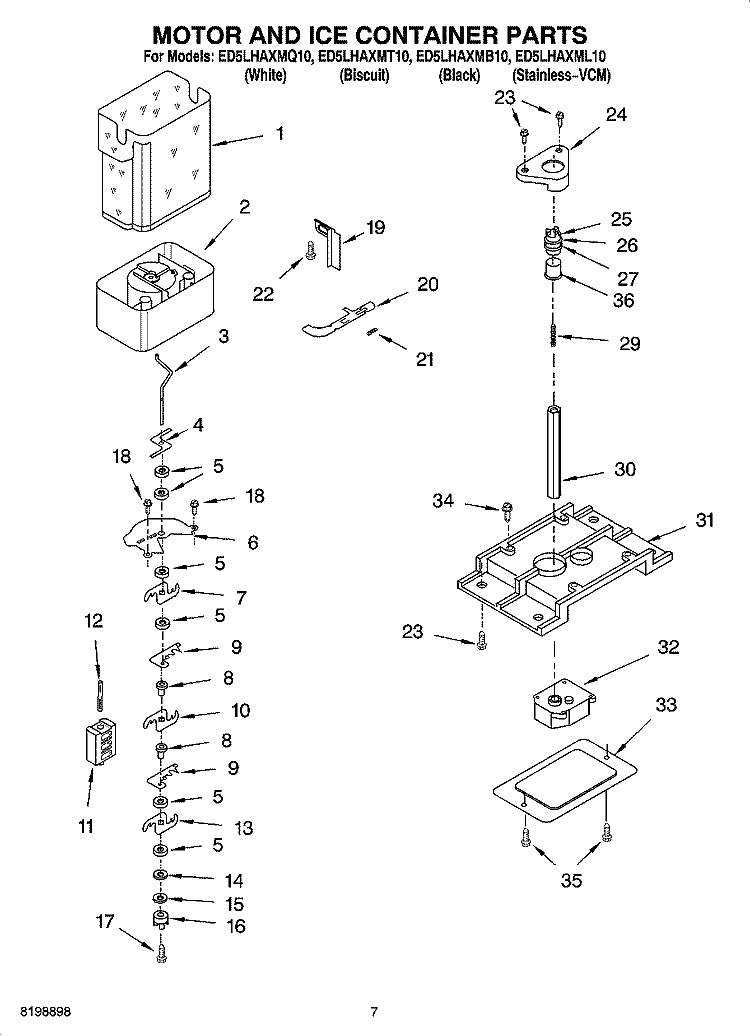MOTOR AND ICE CONTAINER PARTS Diagram and Parts List for ED5LHAXMB10  Whirlpool Refrigerator