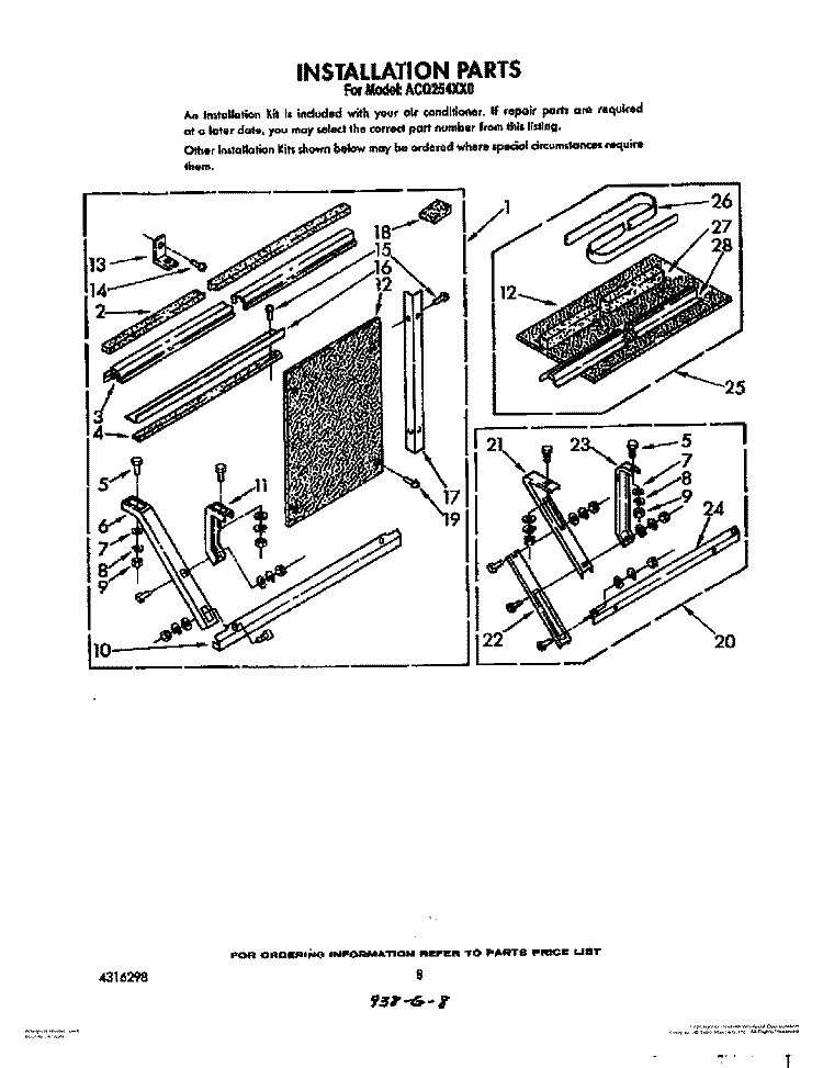 INSTALLATION Diagram and Parts List for ACQ254XX0  Whirlpool Air Conditioner