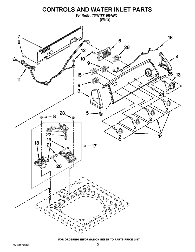 CONTROLS AND WATER INLET PARTS Diagram and Parts List for 7MWTW1605AW0  Whirlpool Washer