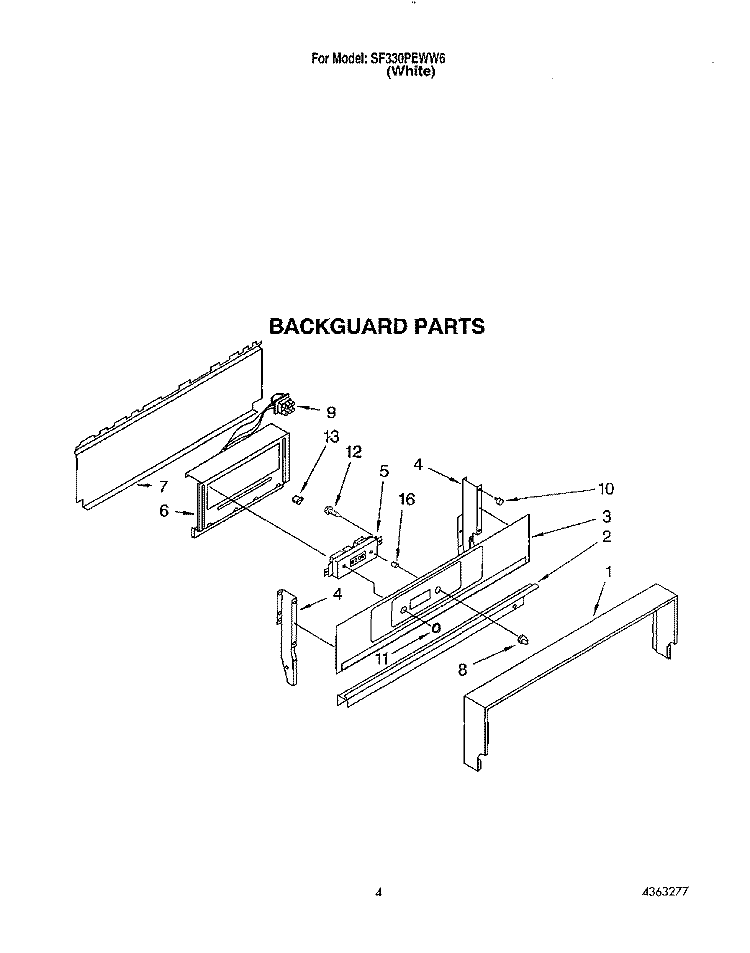 BACKGUARD Diagram and Parts List for SF330PEWW6  Whirlpool Range