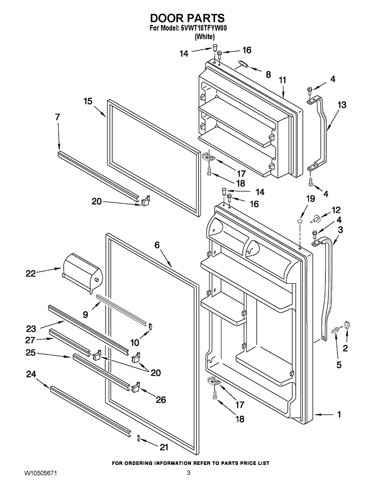DOOR PARTS Diagram and Parts List for 5VWT18TFYW00  Whirlpool Refrigerator