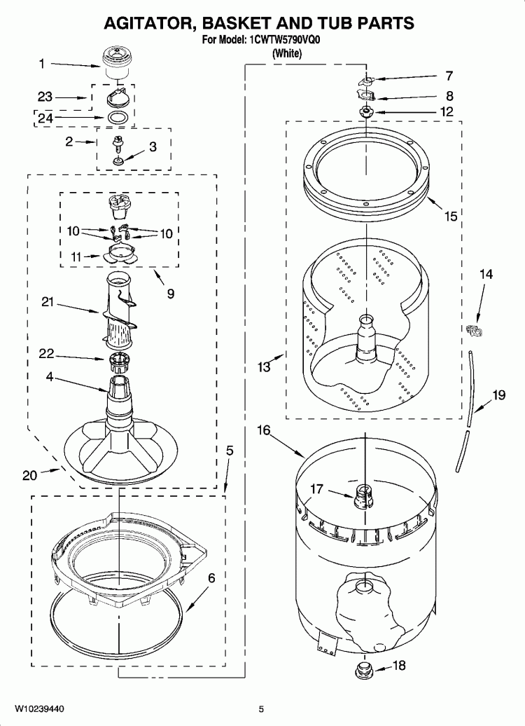 AGITATOR, BASKET AND TUB PARTS Diagram and Parts List for 1CWTW5790VQ0  Whirlpool Washer