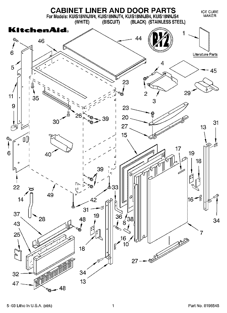 CABINET LINER AND DOOR PARTS Diagram and Parts List for KUIS18NNJB4  KitchenAid Ice Maker
