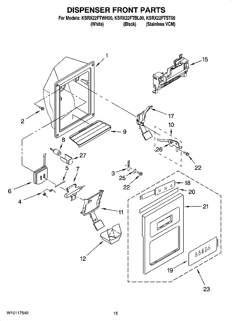 DISPENSER FRONT PARTS Diagram and Parts List for KSRX22FTWH00  KitchenAid Refrigerator