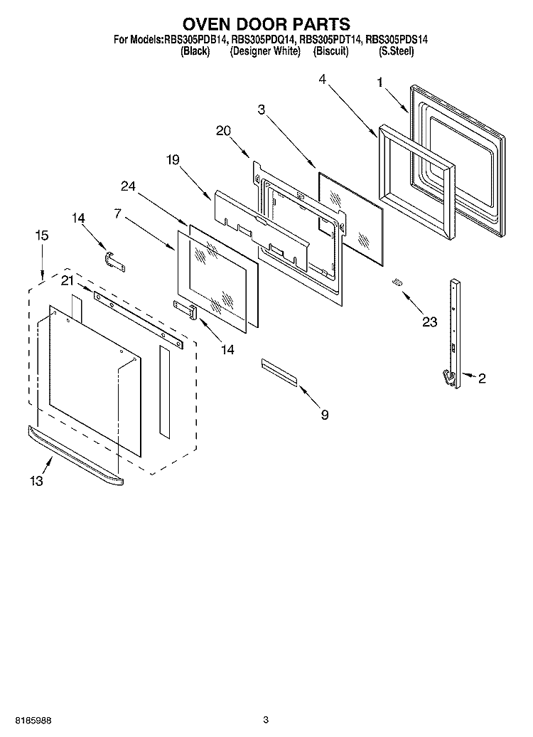 OVEN DOOR Diagram and Parts List for RBS305PDB14  Whirlpool Wall Oven