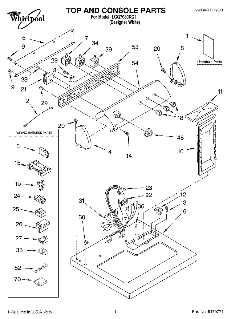 TOP AND CONSOLE, LITERATURE Diagram and Parts List for LGQ7030KQ1  Whirlpool Dryer