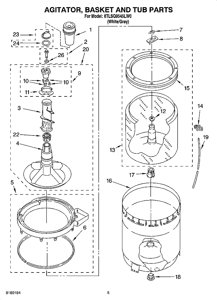 AGITATOR, BASKET AND TUB PARTS Diagram and Parts List for 8TLSQ9545LW0  Whirlpool Washer